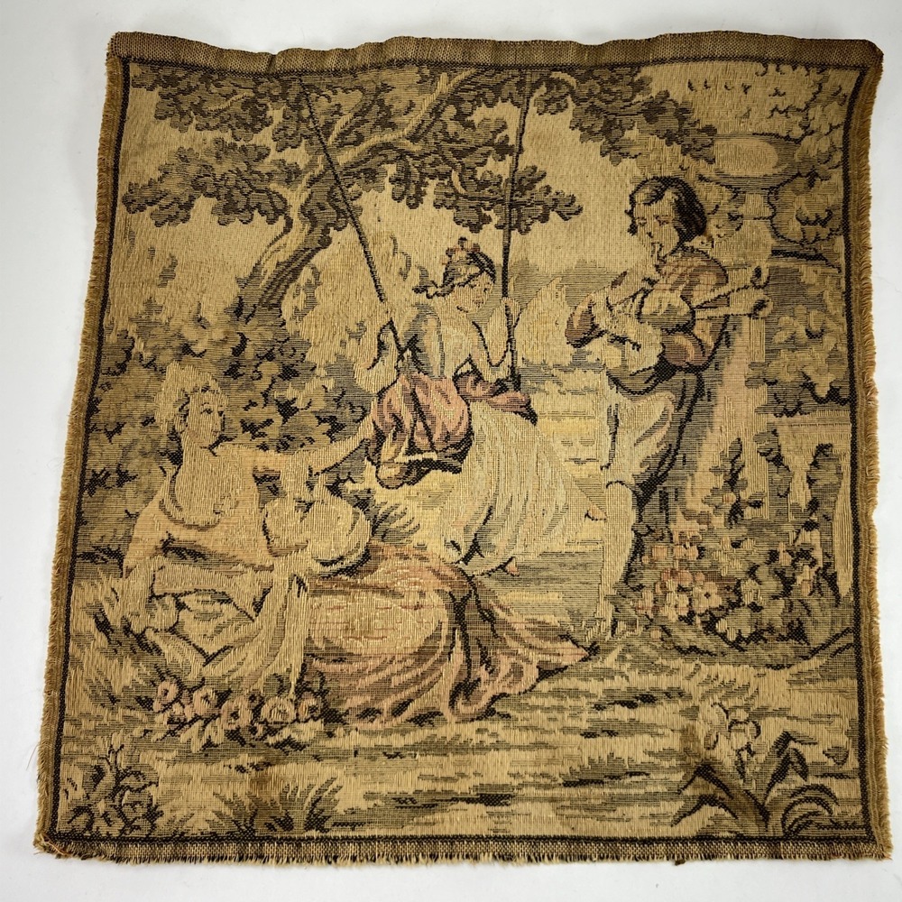 Antique French Tapestry Square Ladies Swing Man Textile Rococo Jacquard Victoria